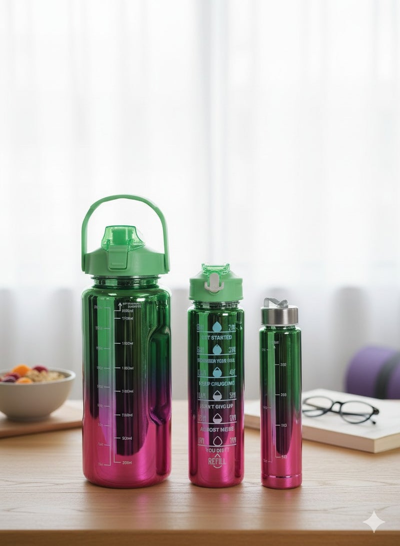 توشيونيكس مجموعة زجاجات مياه تحفيزية - زجاجات ترطيب بلاستيكية خالية من مادة BPA بسعة 2000 مل و750 مل و300 مل مع علامات زمنية وغطاء ماصة، مصنوعة من مادة مانعة للتسرب وغير سامة، بلونين متدرجين، ومقبض حمل، وغطاء قلاب، وعبارات تذكيرية بجرعة الماء اليومية، وزجاجة شرب قابلة لإعادة الاستخدام للصالة الرياضية والمكتب والسفر والمدرسة والرياضة والاستخدام الخارجي للبالغين والأطفال. - Image 1