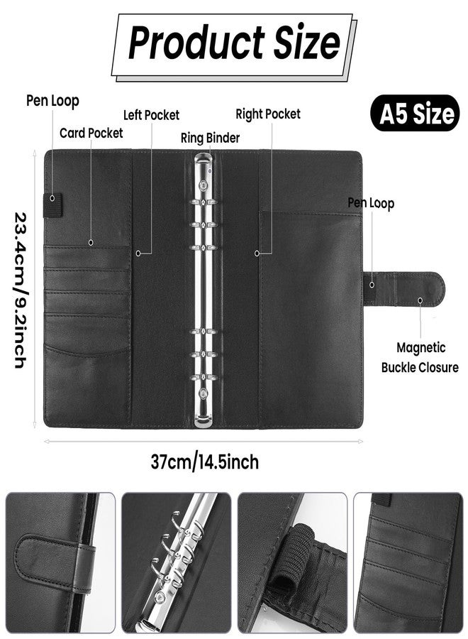 JIANTA A5 PU Leather Ring Binder, Refillable 6 Ring Cover for A5 Filler Paper, Budget Binder Notebook Binder Pockets for Travel, Work (Inner Paper Not Included) (Black) - Image 2
