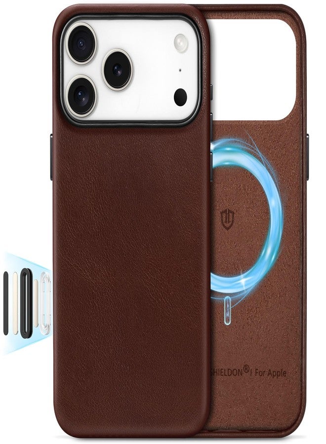 SHIELDON Genuine Leather Case for iPhone 17 Pro Max 6.9-inch, Magnetic Wireless Charging, Soft Lining, Slim Fit, Metal Buttons, Anti-Scratch, Shockproof Cover - Retro Coffee - Image 1