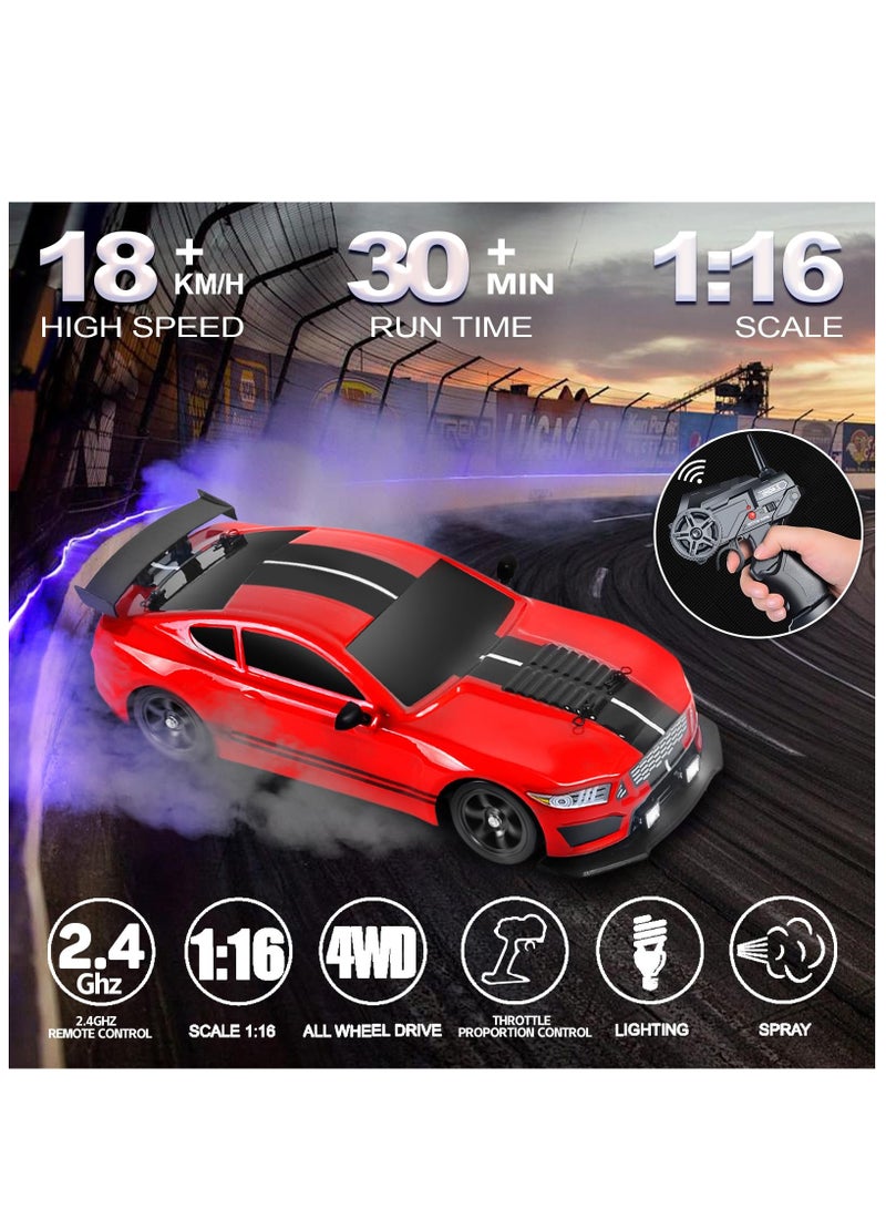 AL RAID RC Drift Car 1:16 Scale 4WD Remote Control Car, 2.4GHz 18KM/H High Speed Model Vehicle with LED Lights, Spray and Drifting Tire, Racing Car Toy Includes 2 Batteries, Gift for Kids  Boys Girls Adults - Image 2