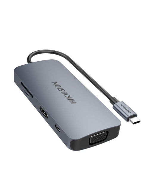 HIKVISION DS801  8 IN 1 TYPE C HUB WJTH HDMI VGA EATHERNET AND USB 3.0  Grey