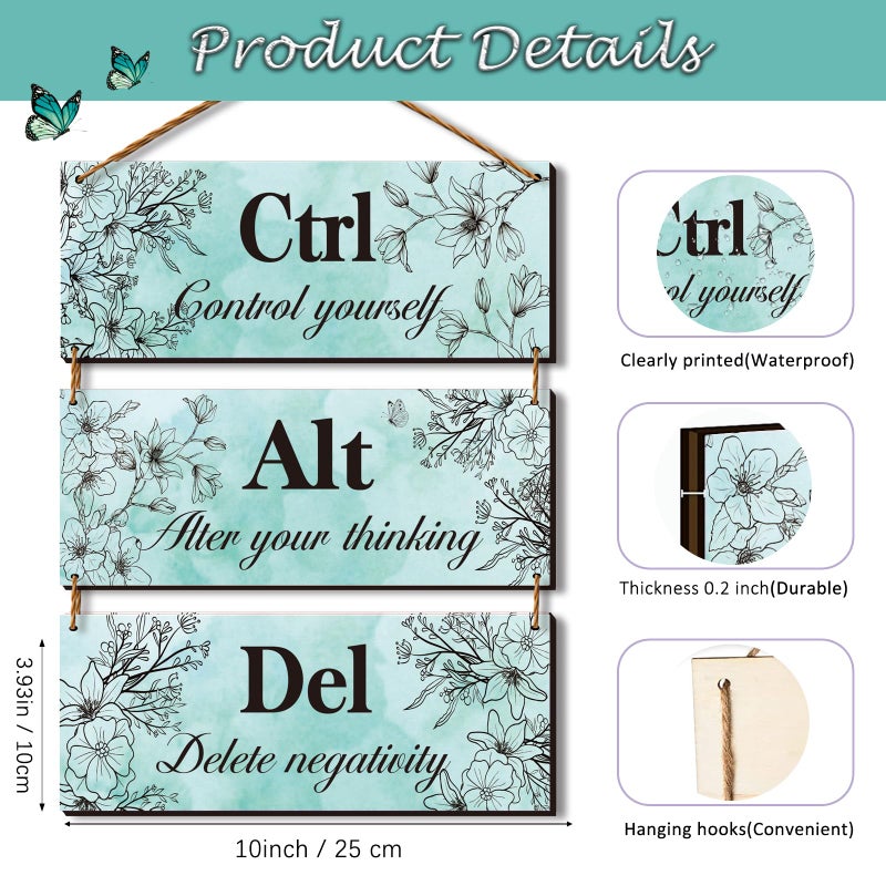 ZINYAZHE 3 Pieces Teal Wall Decor For Girl'S Room Turquoise Bathroom Decor Farmhouse Wooden Teal Decor Inspirational Office Decor With Positive Quotes Ctrl Alt Del For Girl Women Bedroom Living Room(Teal) - Image 3