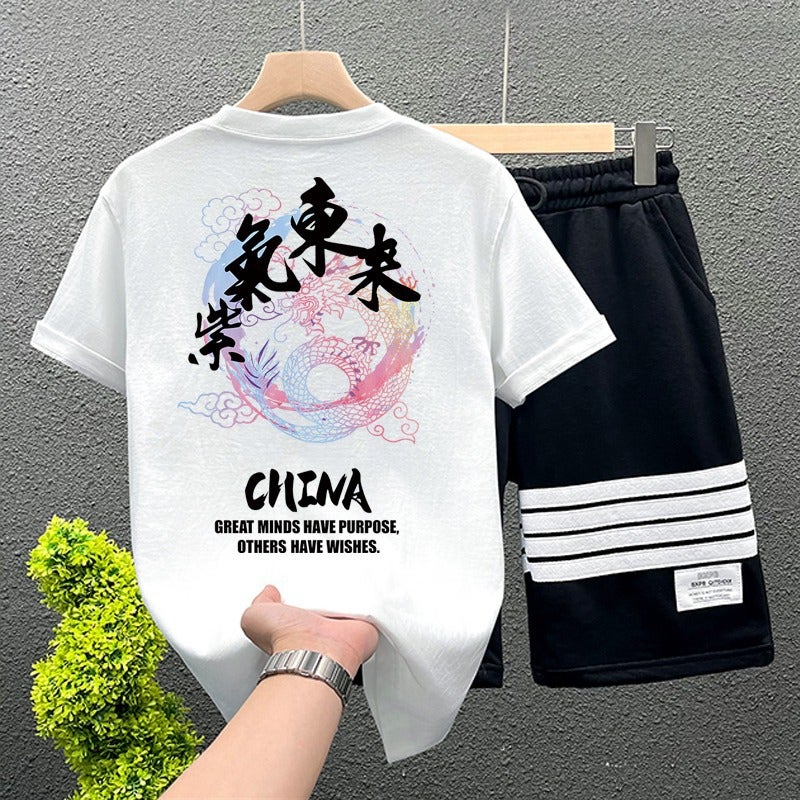 [2-Piece Set] Mens Large Size Cotton Short-Sleeved T-Shirt Summer Loose Half-Sleeved T-Shirt Sports Drawstring Shorts Black - Image 2