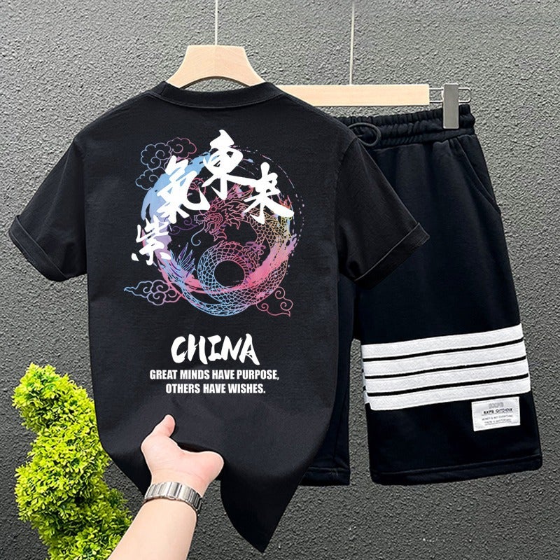 [2-Piece Set] Mens Large Size Cotton Short-Sleeved T-Shirt Summer Loose Half-Sleeved T-Shirt Sports Drawstring Shorts Black - Image 1