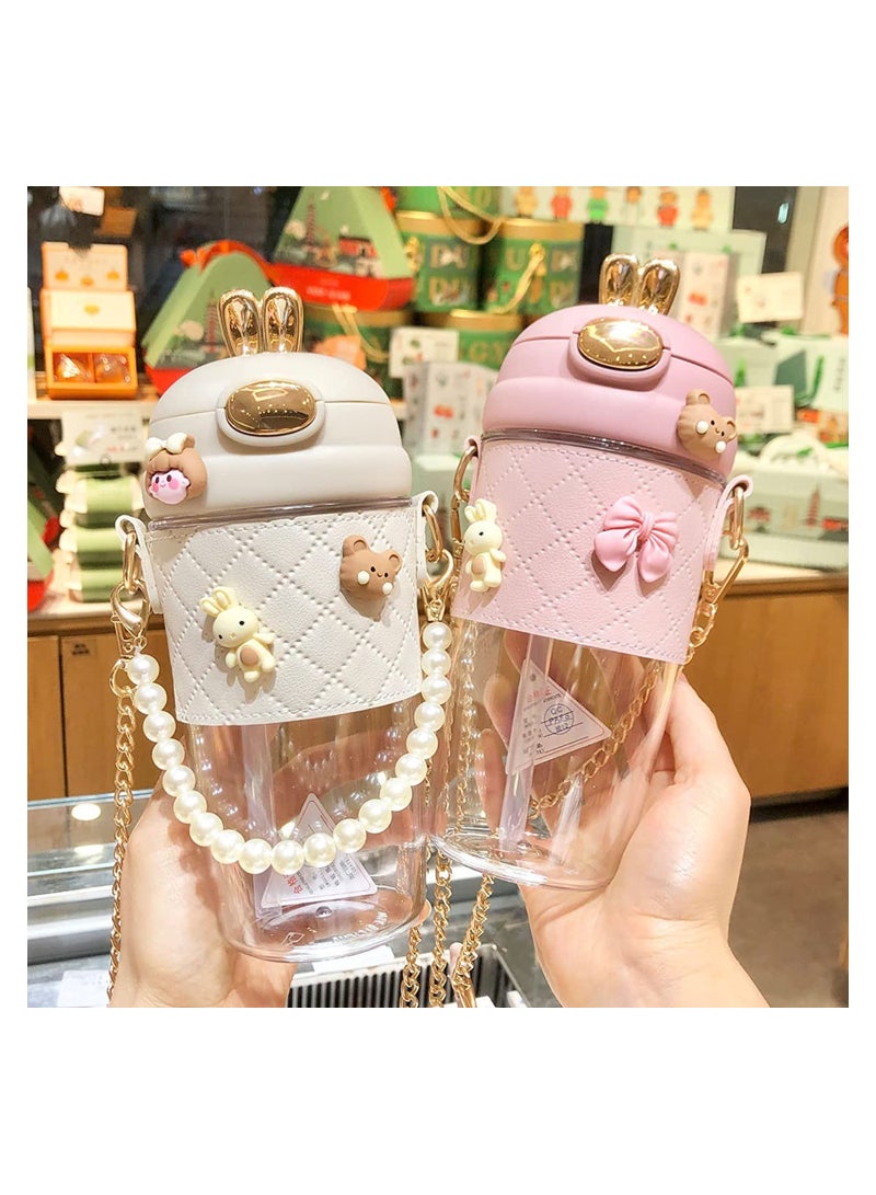 KASTWAVE زجاجة ماء لطيفة مع قشة وحزام، زجاج ماء أرنب كاواي، دلو ماء بلاستيكي مانع للسقوط وغير قابل للتسرب، 500ML (وردي) - Image 5