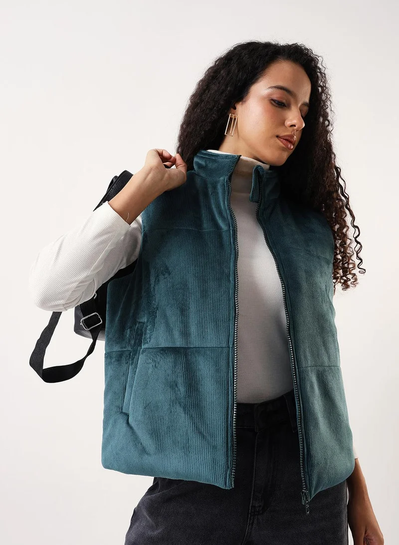 Women's Teal German Velvet Textured Gilet Regular Fit Jacket