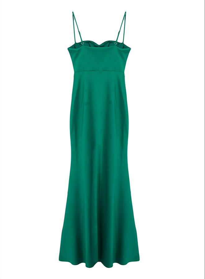 Emerald Green Woven Satin Mermaid Cut Long Evening Dress & Graduation Dress TPRSS24AE00001
