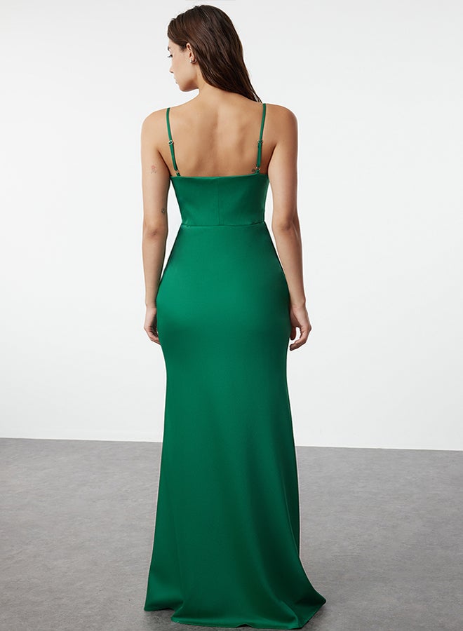 trendyol Emerald Green Woven Satin Mermaid Cut Long Evening Dress & Graduation Dress TPRSS24AE00001  - Image 5