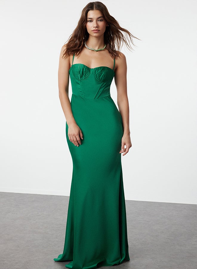 trendyol Emerald Green Woven Satin Mermaid Cut Long Evening Dress & Graduation Dress TPRSS24AE00001  - Image 2