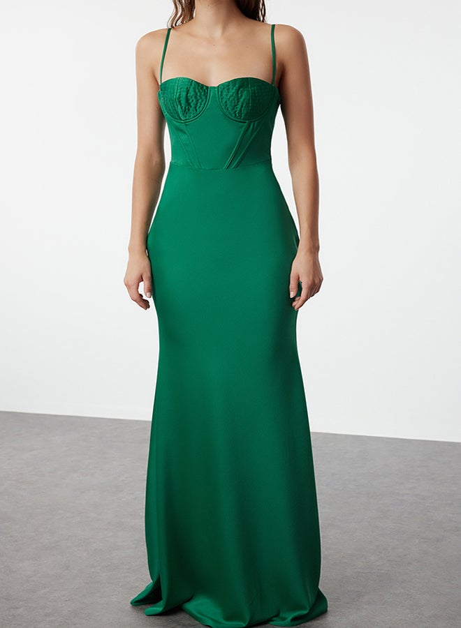 trendyol Emerald Green Woven Satin Mermaid Cut Long Evening Dress & Graduation Dress TPRSS24AE00001  - Image 3