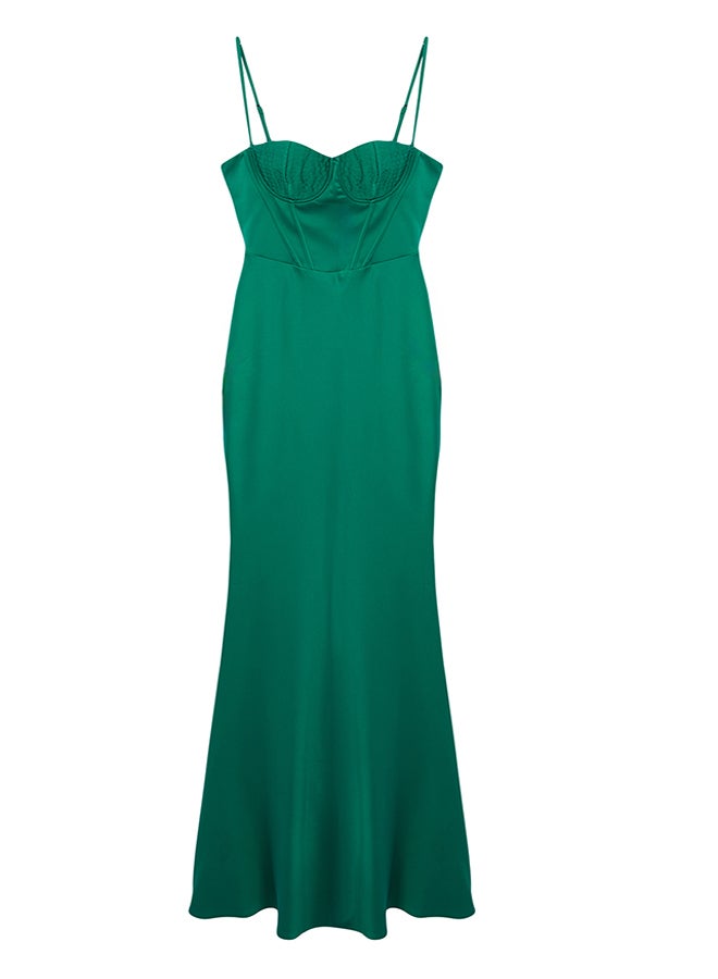 Emerald Green Woven Satin Mermaid Cut Long Evening Dress & Graduation Dress TPRSS24AE00001