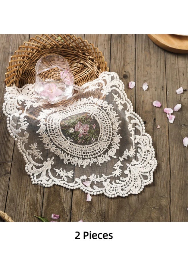 FridayIn 2 Pieces Elegant French-style Hand-embroidered Floral Placemats Exquisite Modern Mesh Placemats/Tablecloths Used for Table Decoration and Protection(31*42cm) - Image 1