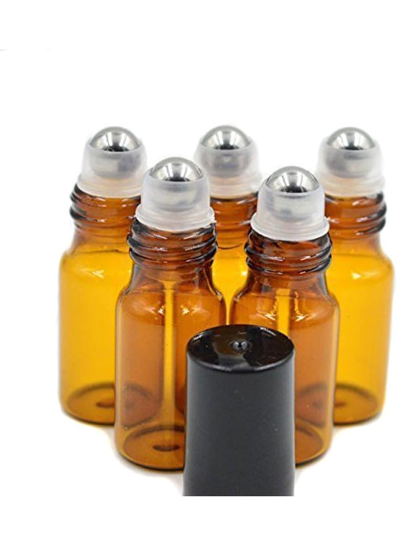 Elandy - 24PCS Amber Empty Glass Roller Bottle Vial Container Holder Pot Jar With Metal Roller Ball and Black Caps for Essential Oil Perfumes Lip Gloss Balms (3ml) - Image 1