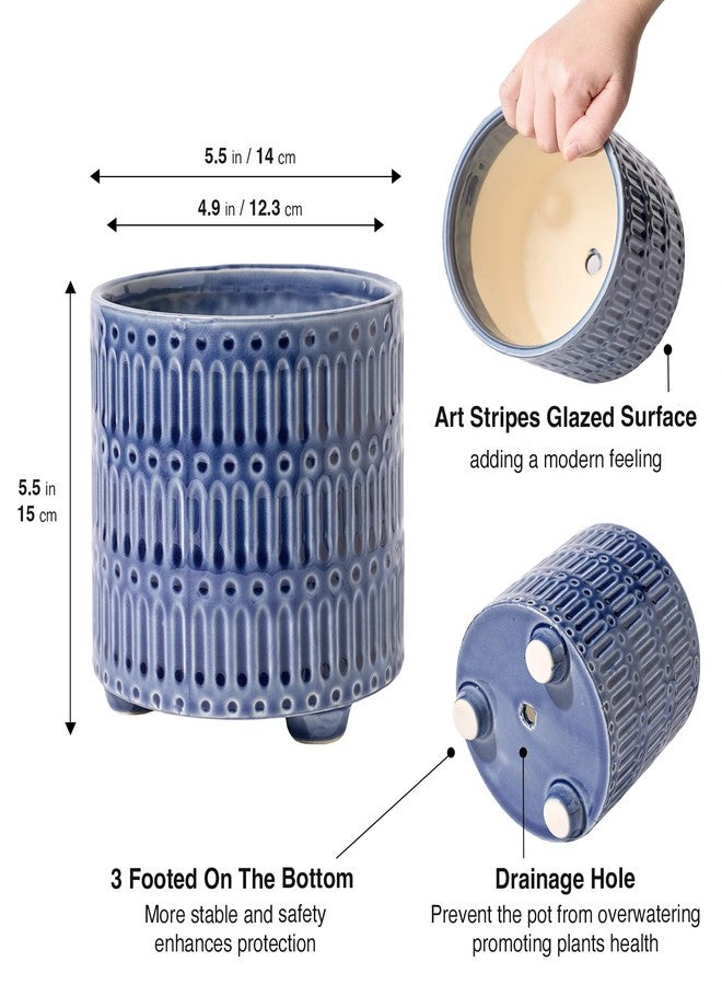 STHIE Indoor Ceramic Plant Pots with Drainage Holes 5.5 Inch Small Succulent Orchid Planter Pots Footed Round Flower Pots for Indoor Plants, Reactive Glaze Blue - Image 2
