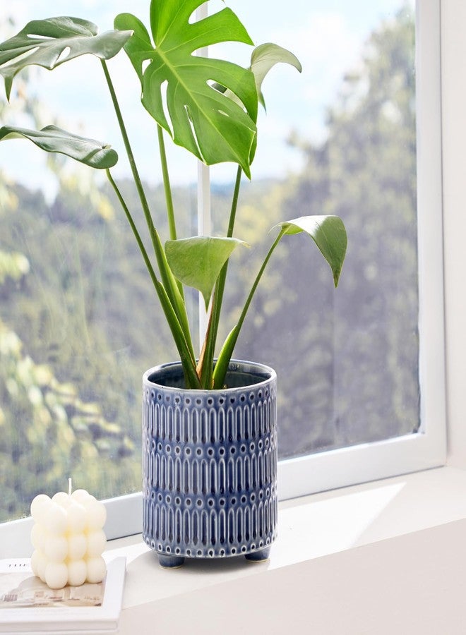 STHIE Indoor Ceramic Plant Pots with Drainage Holes 5.5 Inch Small Succulent Orchid Planter Pots Footed Round Flower Pots for Indoor Plants, Reactive Glaze Blue - Image 3