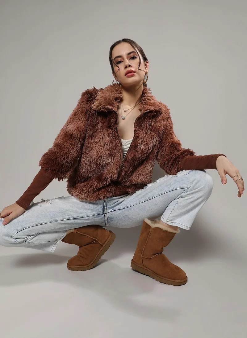 Campus Sutra  Women's Chocolate Brown Faded Faux Fur Jacket for Women | Best Price UAE