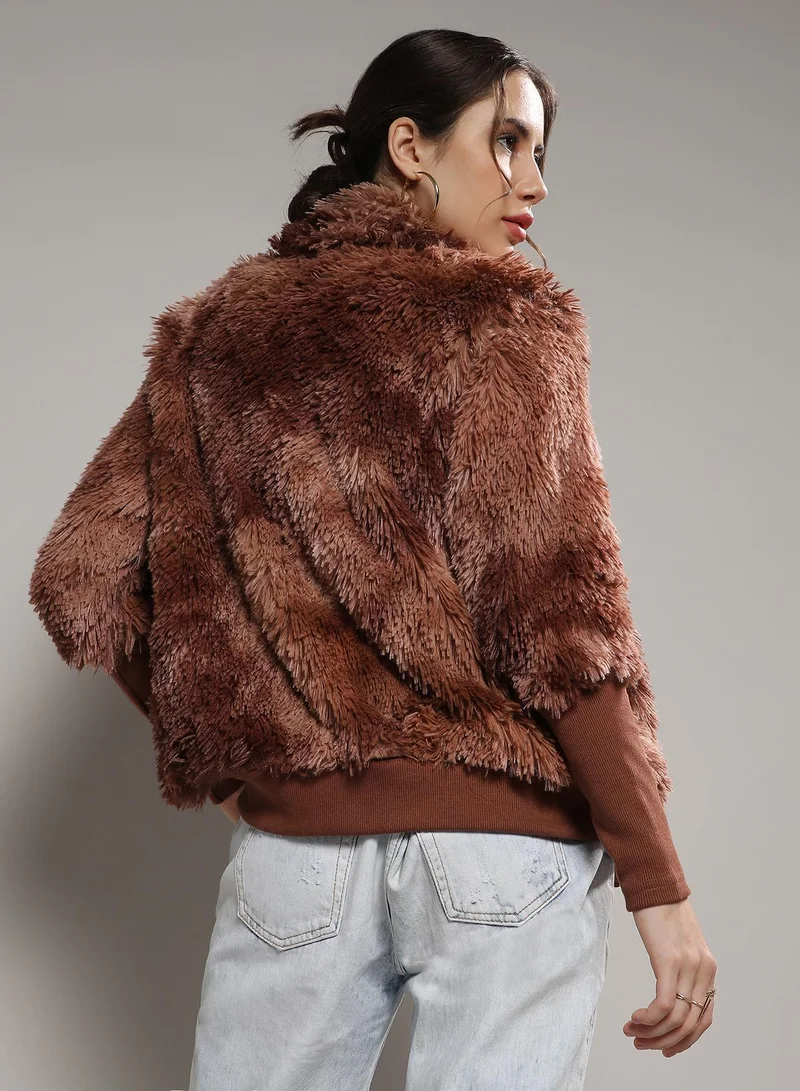 Campus Sutra  Women's Chocolate Brown Faded Faux Fur Jacket for Women | Best Price UAE