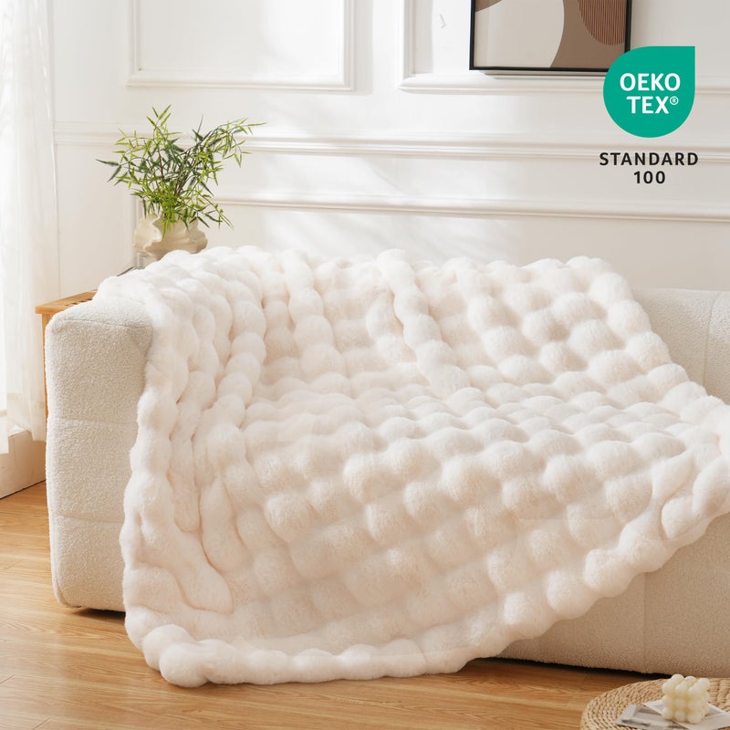 BENVWE Faux Fur Throw Blanket for Couch Bed - Fluffy Soft Thick Bubble Blanket for Living Room Home Decor - Mothers Day Birthday Gifts for Women, Cream White, 63" x 80" - Image 2