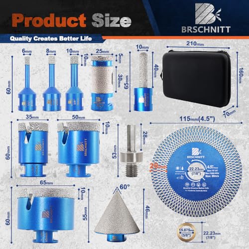 BRSCHNITT Tile Hole Saw Kit - BRSCHNITT Diamond Core Drill Bit 1/4" 5/16" 3/8" 1-3/8"2" 2-1/2"& 3/8" 1" Finger Bit & 2" Chamfer Bit for Porcelain Tile Ceramic Marble Granite & Diamond Blade - Image 4