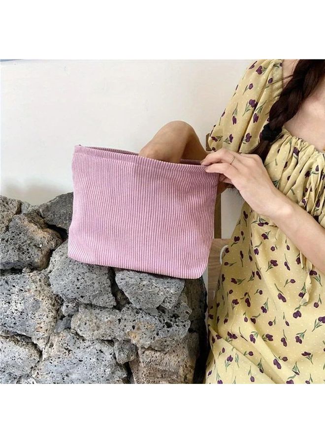 Corduroy Makeup Bag Large Capacity Travel Cosmetic Organizer Pink Color - Image 3