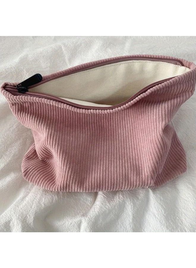Corduroy Makeup Bag Large Capacity Travel Cosmetic Organizer Pink Color - Image 2