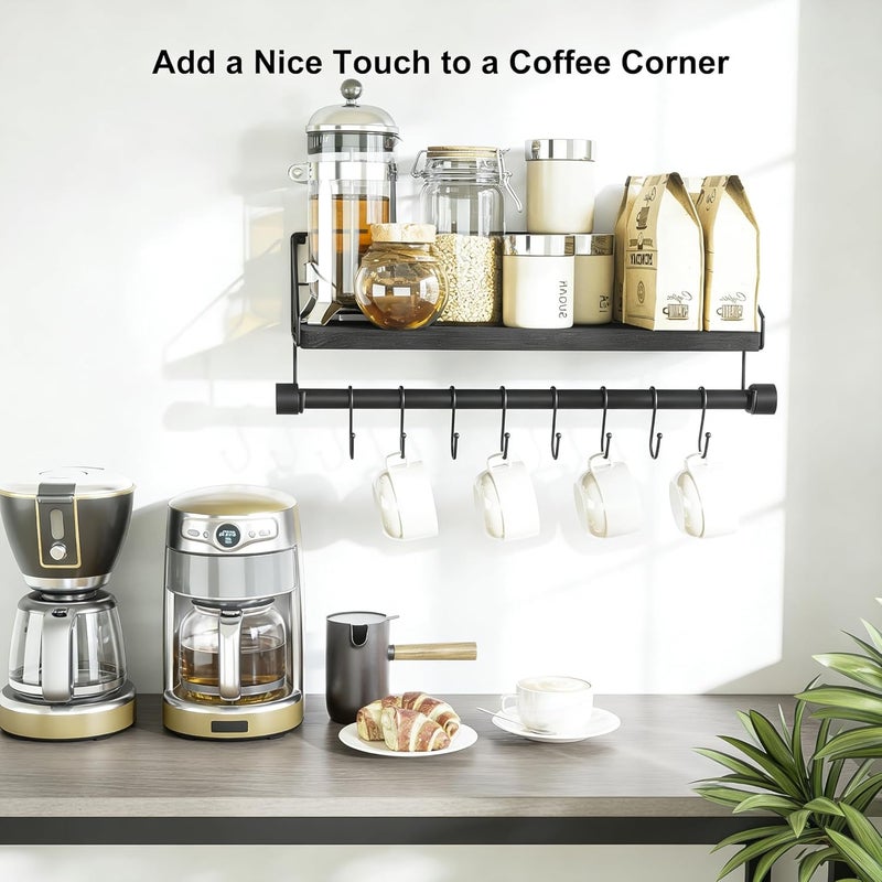 Alsonerbay Wall Shelf Kitchen Floating Shelf Kitchen Shelf Wall with 8 Removable Hooks and Towel Holder Spice Rack for Kitchen Living Room Bathroom Black - Image 2
