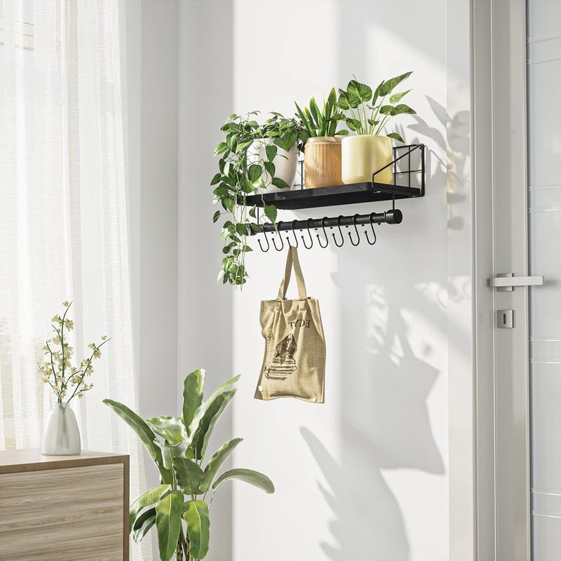 Alsonerbay Wall Shelf Kitchen Floating Shelf Kitchen Shelf Wall with 8 Removable Hooks and Towel Holder Spice Rack for Kitchen Living Room Bathroom Black - Image 4