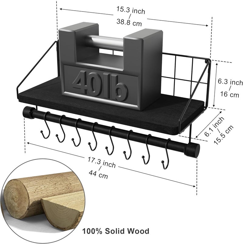 Alsonerbay Wall Shelf Kitchen Floating Shelf Kitchen Shelf Wall with 8 Removable Hooks and Towel Holder Spice Rack for Kitchen Living Room Bathroom Black - Image 3