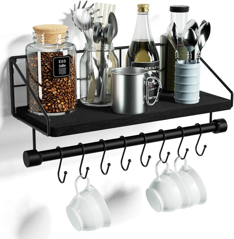 Alsonerbay Wall Shelf Kitchen Floating Shelf Kitchen Shelf Wall with 8 Removable Hooks and Towel Holder Spice Rack for Kitchen Living Room Bathroom Black - Image 1