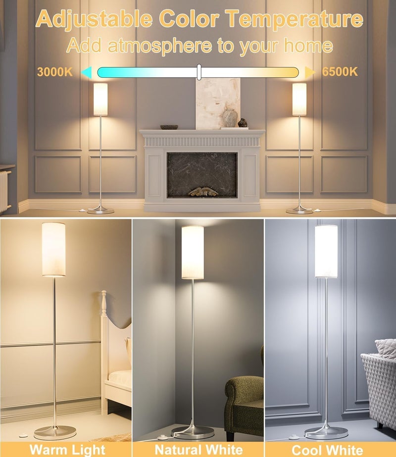 luckystyle LED Floor Lamp for Living Room, Dimmable Standing Lamps with Foot Switch,Remote Custom Color Temperature Silver Pole Lamp with Lampshade,12W Led Bulb Tall Lamps for Bedroom Office Kid Room - Image 3