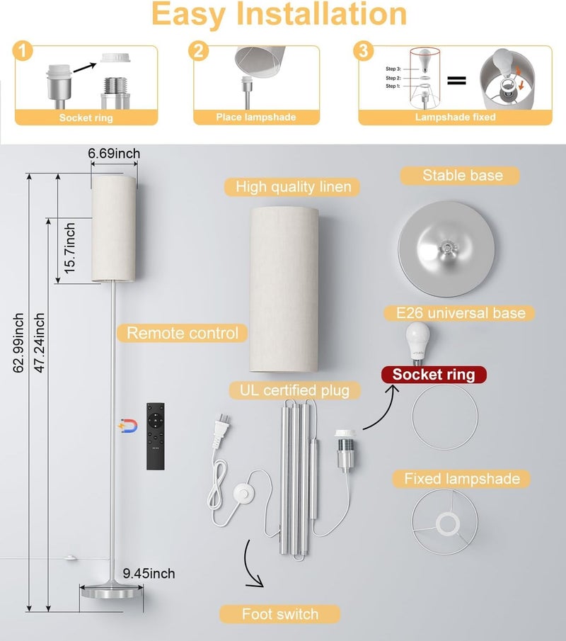 luckystyle LED Floor Lamp for Living Room, Dimmable Standing Lamps with Foot Switch,Remote Custom Color Temperature Silver Pole Lamp with Lampshade,12W Led Bulb Tall Lamps for Bedroom Office Kid Room - Image 4