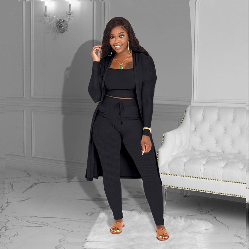New European Fashion Womens Solid Three-Piece Set Black  - Image 1