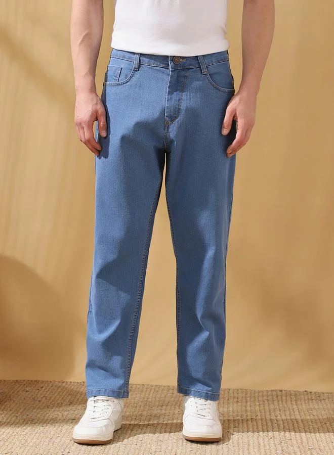 دينيس لينغو Men's Indigo Cotton Blend Solid Pattern Full Length Relaxed Jeans