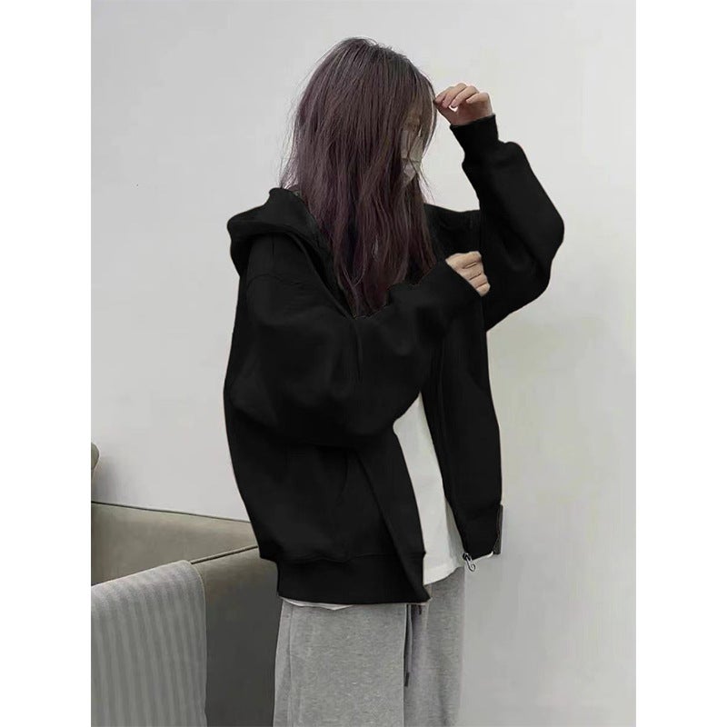 Generic Autumn Grey Hooded Sweatshirt Cardigan Loose Fit Stretchable Petite Casual Solid Color Zippered Training Suit For Sports Black [regular style-without velvet] 