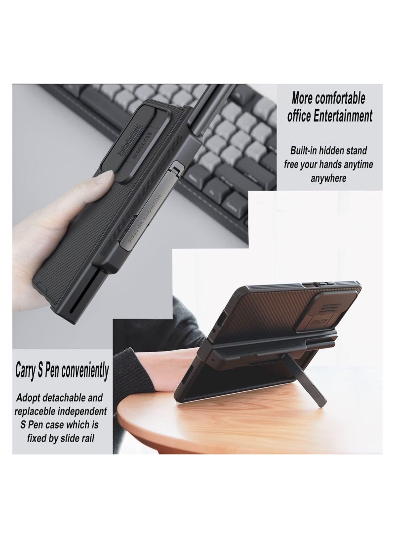 كابتن تيك Samsung Galaxy Z Fold 4 Case, with S Pen Holder & Slide Camera Cover, Hinge Protection and Hidden Magnetic Kickstand, Black - Image 3