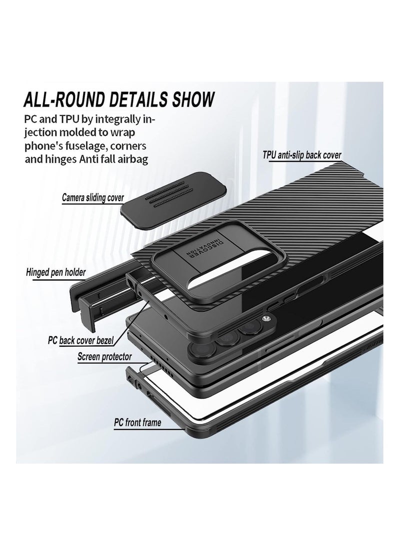 كابتن تيك Samsung Galaxy Z Fold 4 Case, with S Pen Holder & Slide Camera Cover, Hinge Protection and Hidden Magnetic Kickstand, Black - Image 4