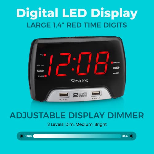 Westclox Large 1.4” Red LED Digital FM Clock Radio with Dual USB A & C Charging Ports, Adjustable Brightness, Dual Alarms & Sleep Timer – Modern Alarm Clock for Bedroom, Home, or Office (Black) - Image 2