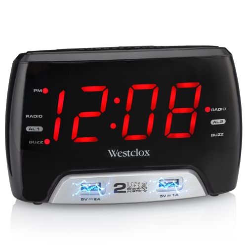 Westclox Large 1.4” Red LED Digital FM Clock Radio with Dual USB A & C Charging Ports, Adjustable Brightness, Dual Alarms & Sleep Timer – Modern Alarm Clock for Bedroom, Home, or Office (Black) - Image 1