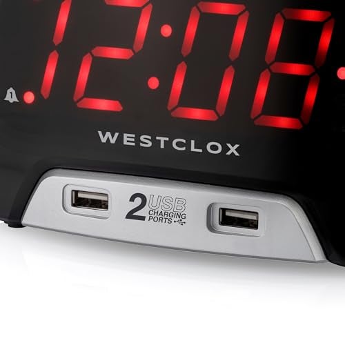 Westclox Large 1.4” Red LED Digital FM Clock Radio with Dual USB A & C Charging Ports, Adjustable Brightness, Dual Alarms & Sleep Timer – Modern Alarm Clock for Bedroom, Home, or Office (Black) - Image 5