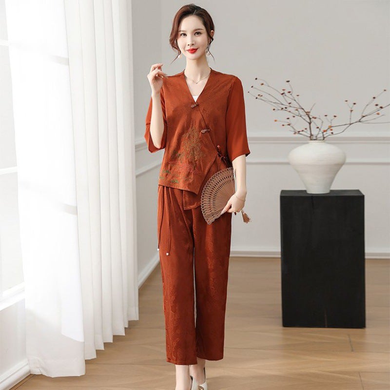 2024 New Style Lady Mother Summer Suit 50-year-old 60-year-old Guofeng T-shirt Middle-aged and Elderly Womens Short-sleeved Two-piece Set brown red