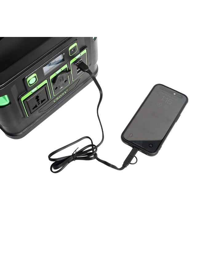 Crony محطة الطاقة المحمولة CRONY GPS300 300W – بطارية ليثيوم 80,000 مللي أمبير / 296 واط ساعة، مخرجات AC/DC/USB، USB-C PD 45W، شاشة LED وضوء، بنك طاقة احتياطي طارئ مدمج 230 × 140 × 203 مم - Image 3