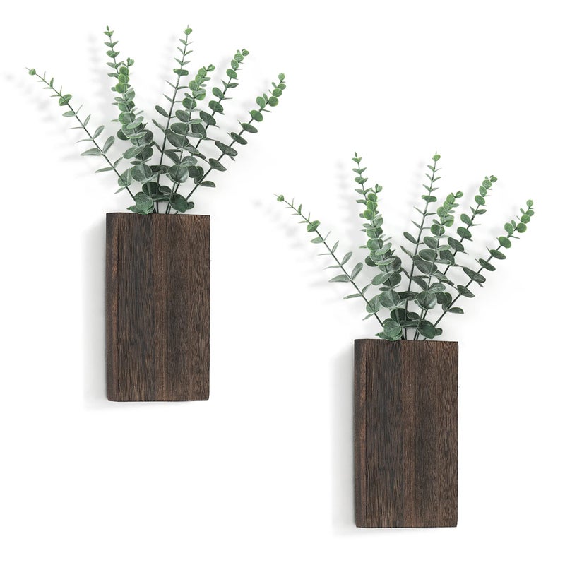 Dahey 2 Pack Wood Wall Planter Vase with Artificial Eucalyptus Farmhouse Wall Hanging Decor Pocket Planter for Indoor Fake Plants Greenery, Living Room Bedroom Kitchen Home Office Decoration - Image 1