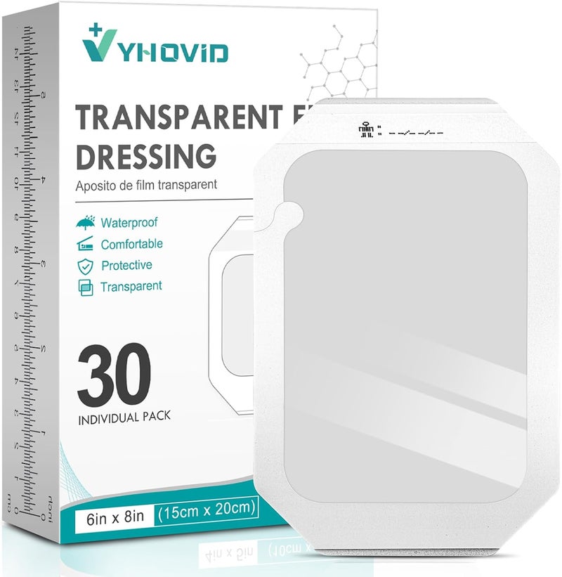YHOVID 30 Packs Transparent Film Dressing 6 x 8  Waterproof Bandages for Swimming Showering Wounds Post Surgical Shower or IV Shield Tattoo Aftercare Bandage Scar Therapy Adhesive Patches - Image 1