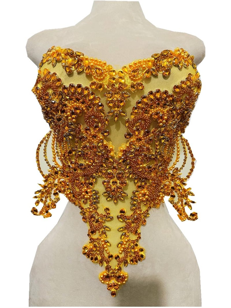 Zbroh Handmade redBlueGoldGreen Rhinestones lace Bodice Applique Sewing Beads Crystal Trim Patches Accessory for Dress Clothes Gold