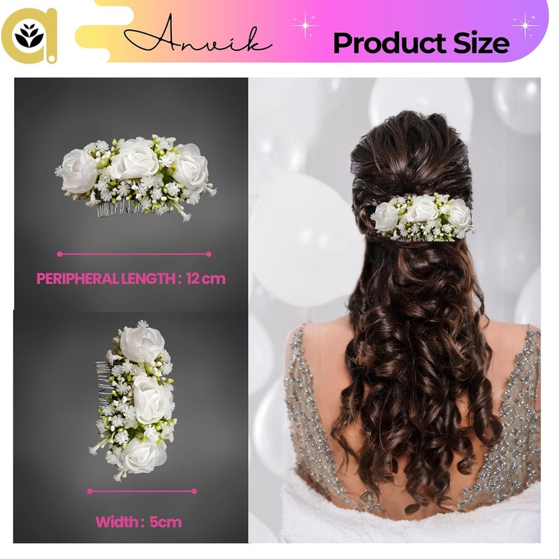 ANVIK Artificial Flower Fancy Hair Clip/Side Pin/Comb Pin/Juda Pin/Crystal Bun Pin For Women And Girls Bride Hair Styling Wedding Hair Accessories Flower For Women (OFF WHITE) - Image 4