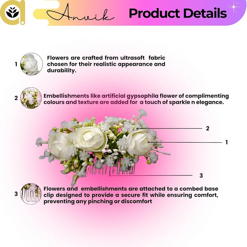 ANVIK Artificial Flower Fancy Hair Clip/Side Pin/Comb Pin/Juda Pin/Crystal Bun Pin For Women And Girls Bride Hair Styling Wedding Hair Accessories Flower For Women (OFF WHITE) - Image 3