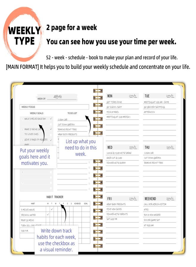 KAICN Undated Weekly Planner Hardcover with Metal Corner Notebook, A5 To Do List Planner, Habit Tracker Journal with adhesive binding, 5.7 x 8.0 inches-Black - Image 4