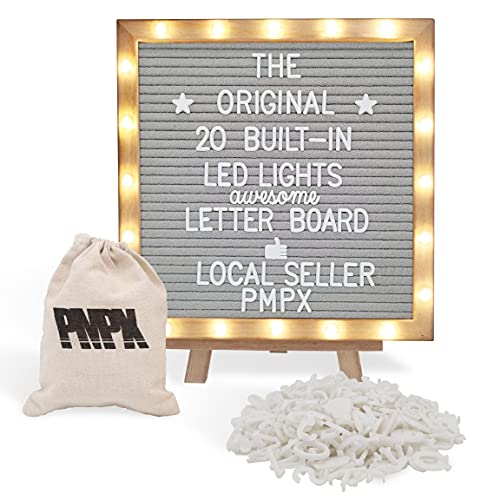 PMPX Letter Board THE ORIGINAL Gray Felt Board with Stand, Built-in LED Lights 10 x 10 -Menu Board + Wood Frame, 340 Letters, Emojis + Cursive words - Custom Sign Messages, Pregnancy Announcement, Weddings - Image 1