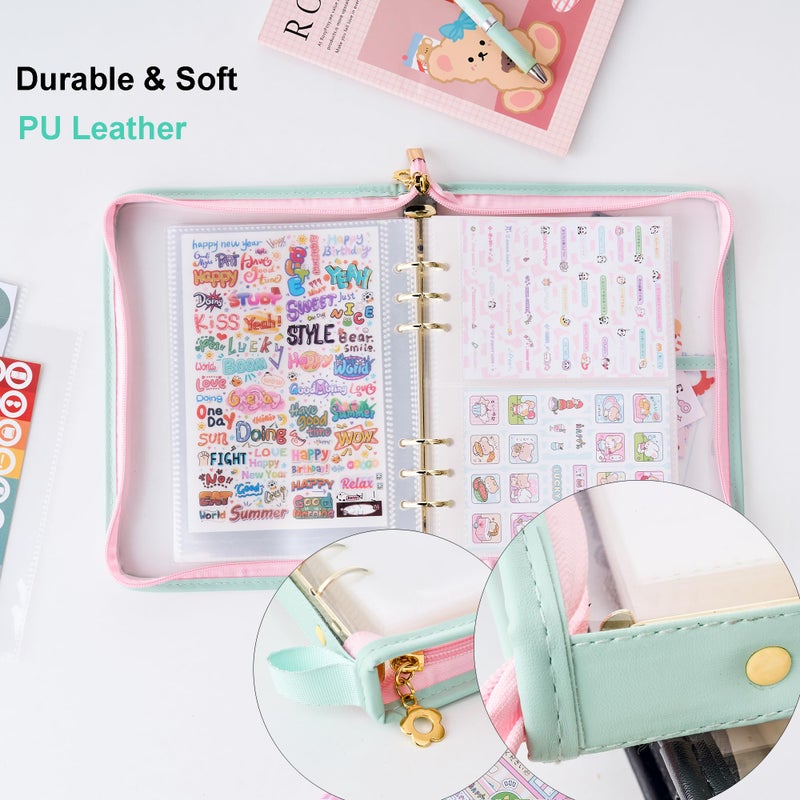 MANWU A5 Sticker Collection Organizer Binder kit large capacity (65 sheet), PU leather clear sticker storage book album with zipper closure,double-sided Collecting for journal scrapbook planner (Green) - Image 3