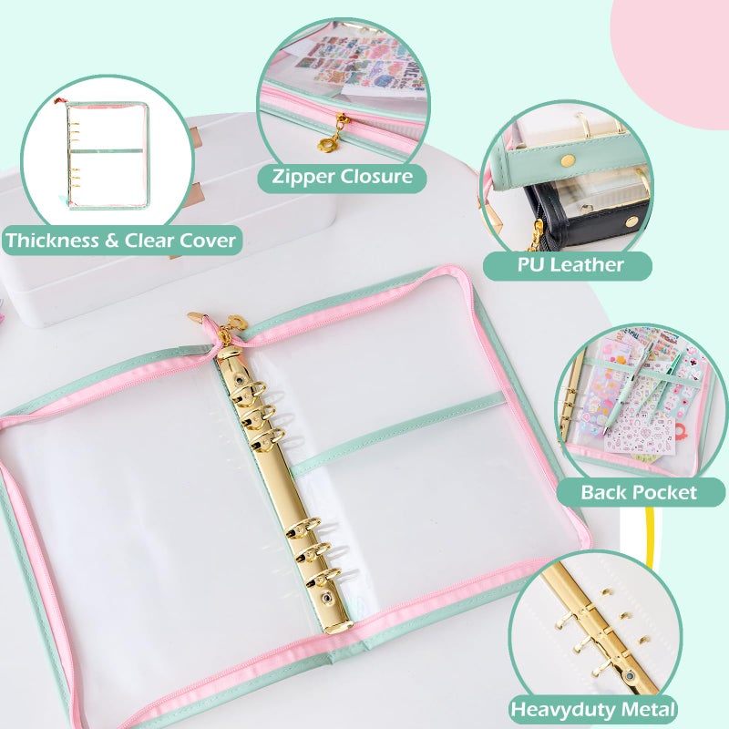 MANWU A5 Sticker Collection Organizer Binder kit large capacity (65 sheet), PU leather clear sticker storage book album with zipper closure,double-sided Collecting for journal scrapbook planner (Green) - Image 2